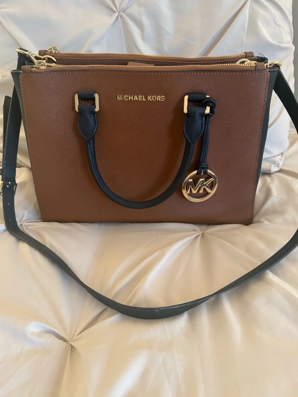 MICHAEL KORS Brown and Black Saffiano Leather Satchel with Gold Hardware